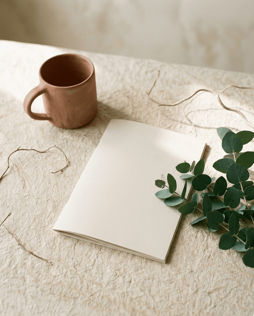 A printed guide resting on linen beside a warm cup